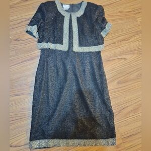 Stenay Silk Vintage Black Dress With Gold Trim Size 12